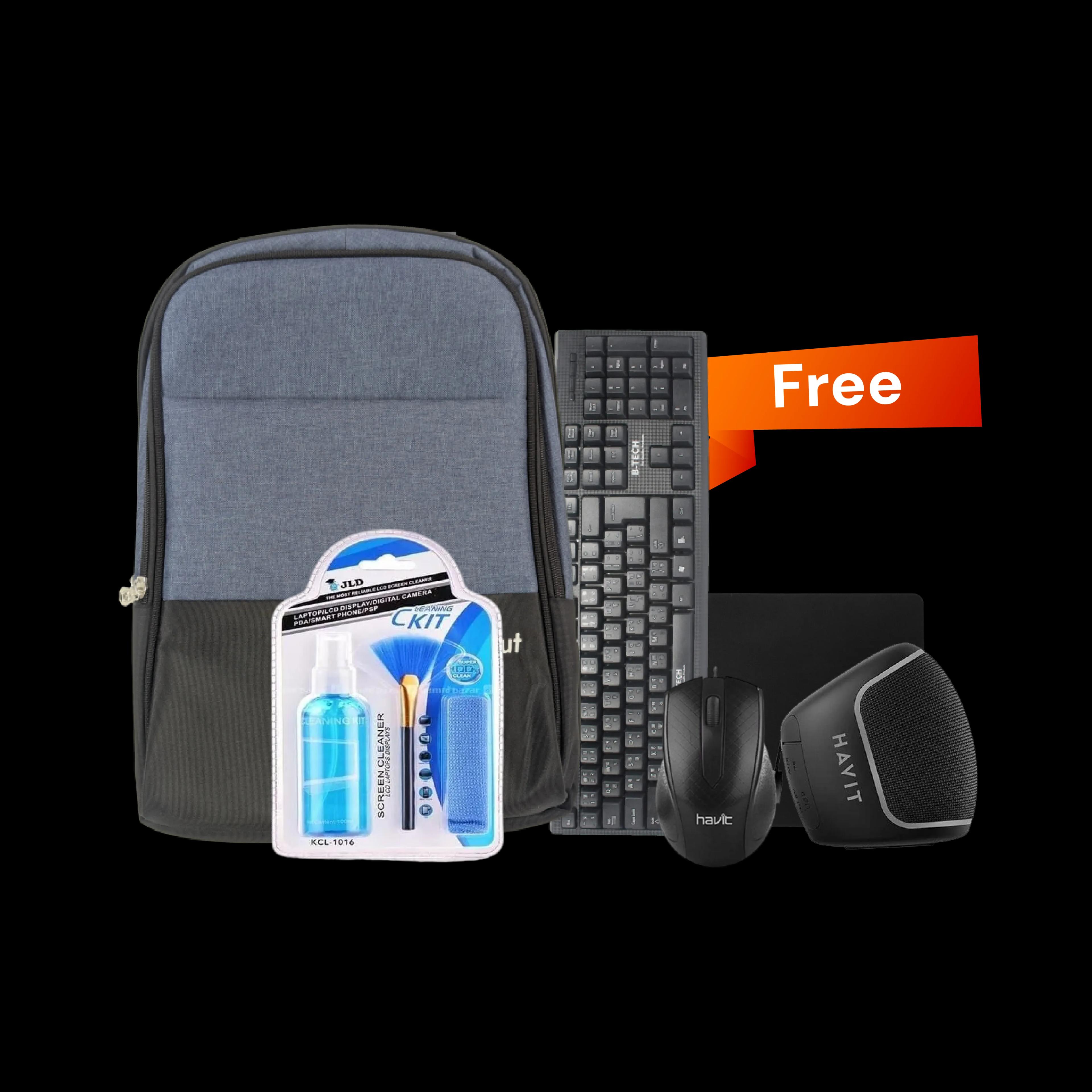 Bag + Mouse + Mousepad + keyboard + Cleaning kit and Speaker