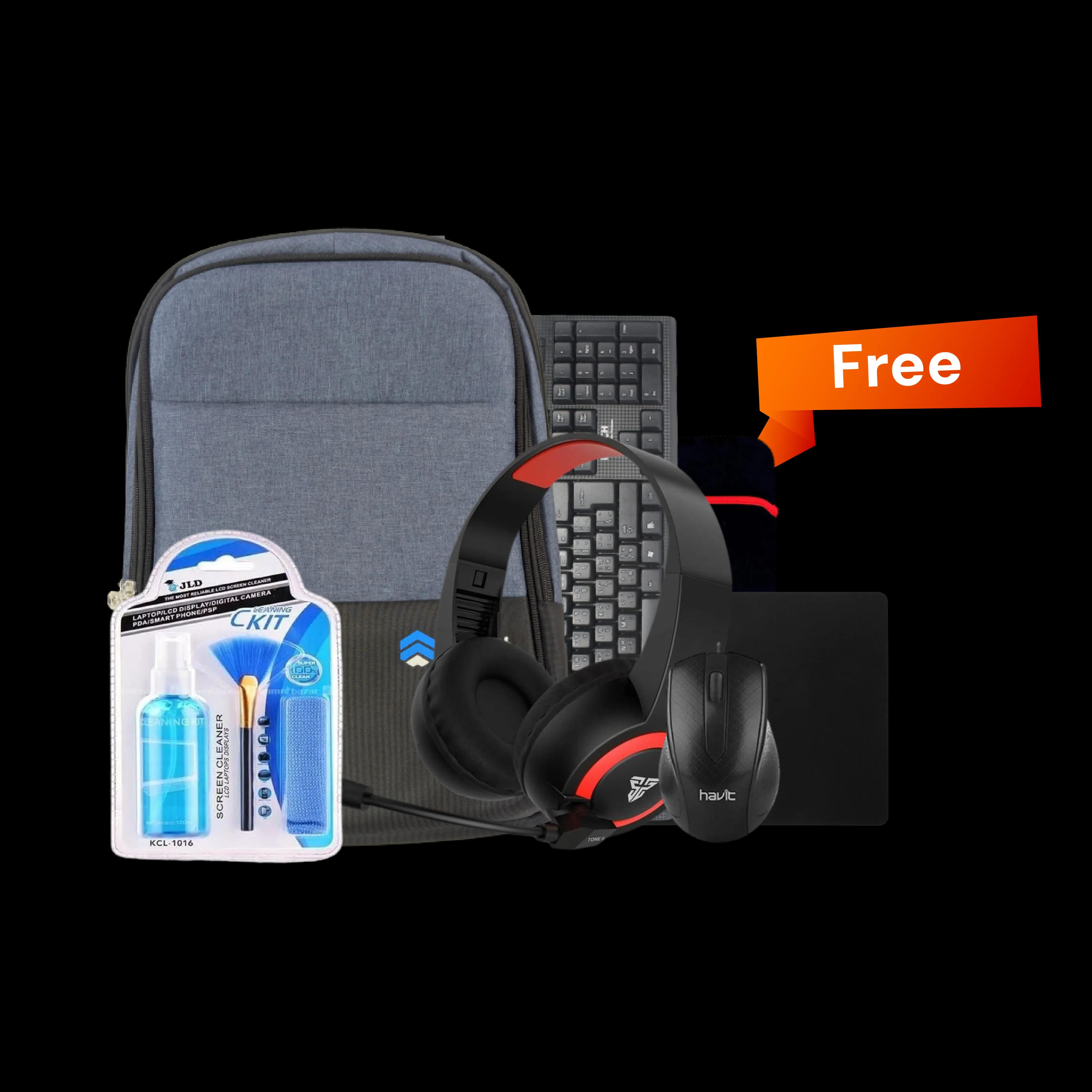 Bag + Mouse + Mousepad + Keyboard + Cleaning kit and Inner Bag+ Gaming Headphone