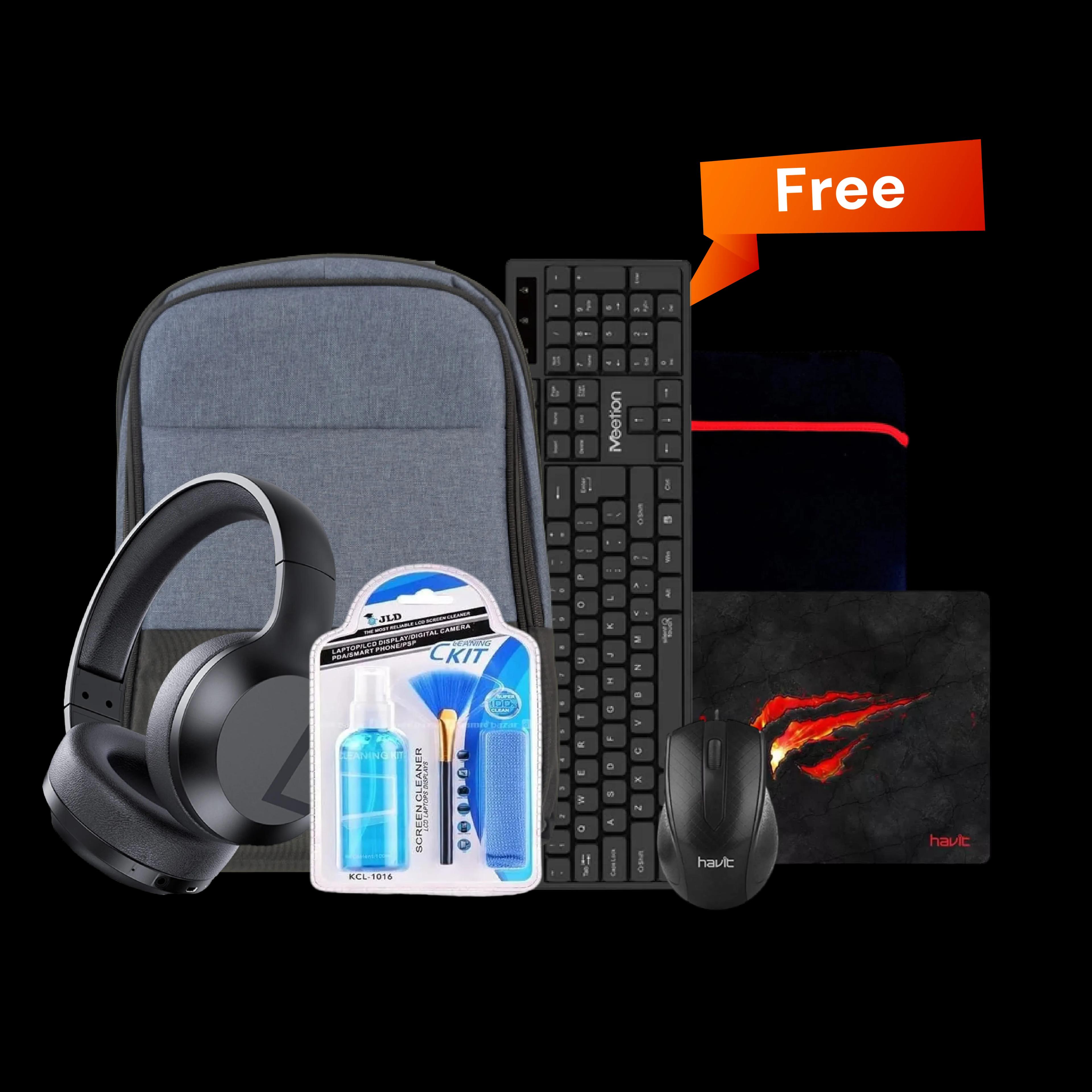 Get Free GAMING HEADPHONE, MOUSE, MOUSE PAD , CLEANING KIT, KEYBOARD, SLEEVE AND BAG